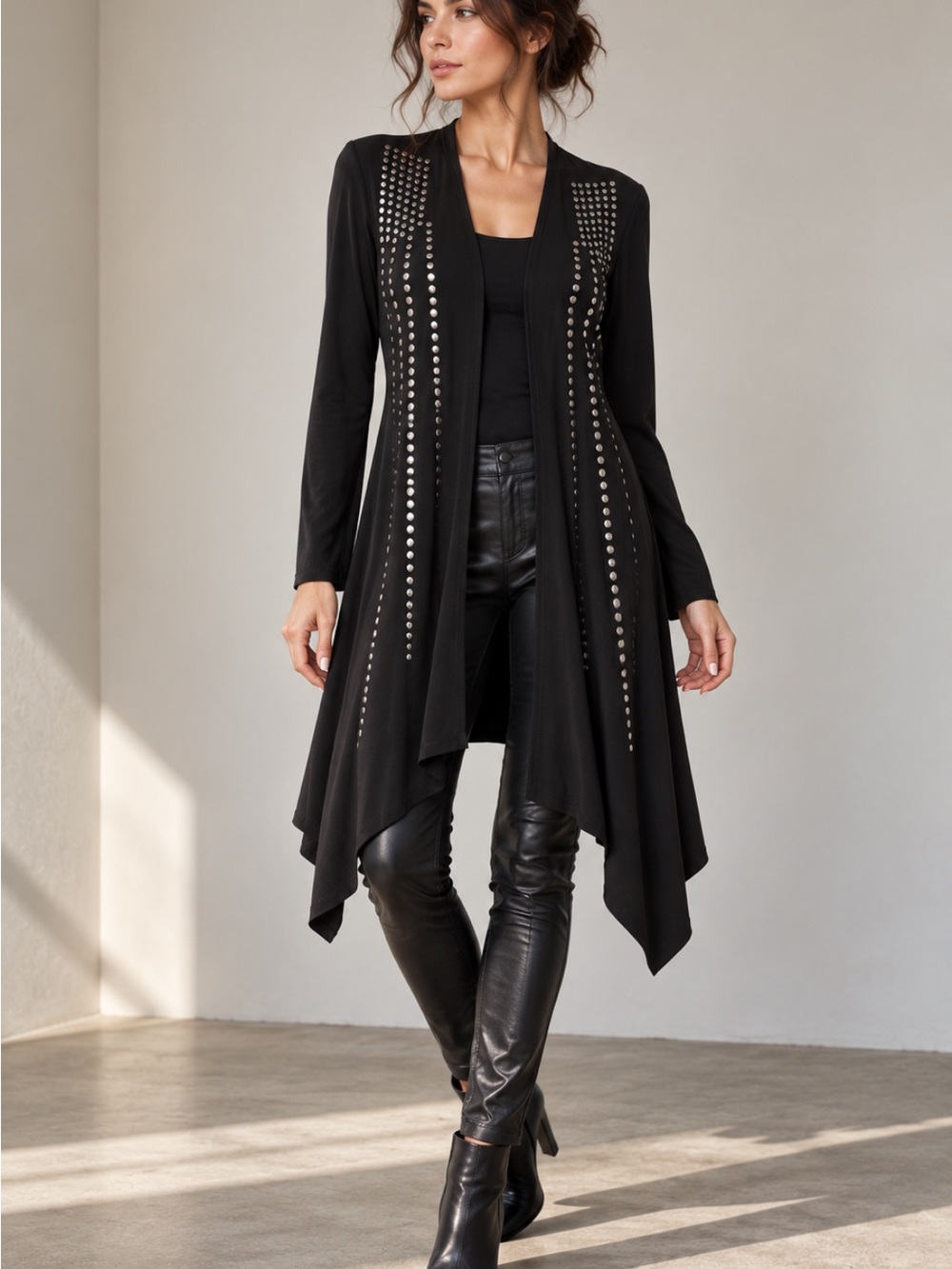 Frank Lyman Black Studded Asymmetrical Open Front Cardigan Size 6